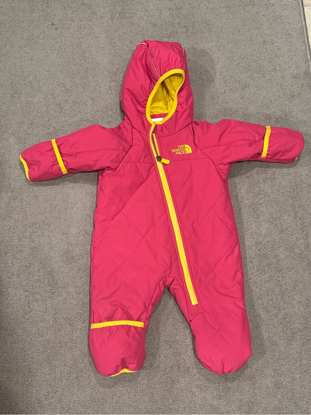 The North Face Pink One-Piece Snowsuit with Yellow Trim